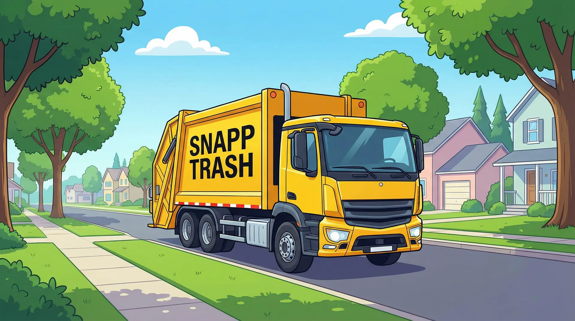 SnappTrash yellow garbage truck in a neighborhood